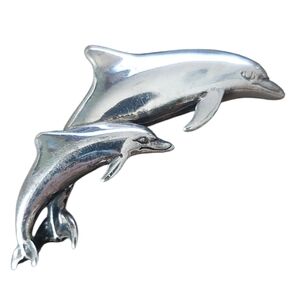 Kabana 925 Silver Mother And Baby Dolphin Brooch